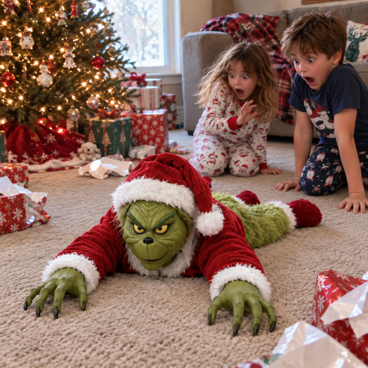 Animated crawling holiday grump decoration surprising a family near a Christmas tree