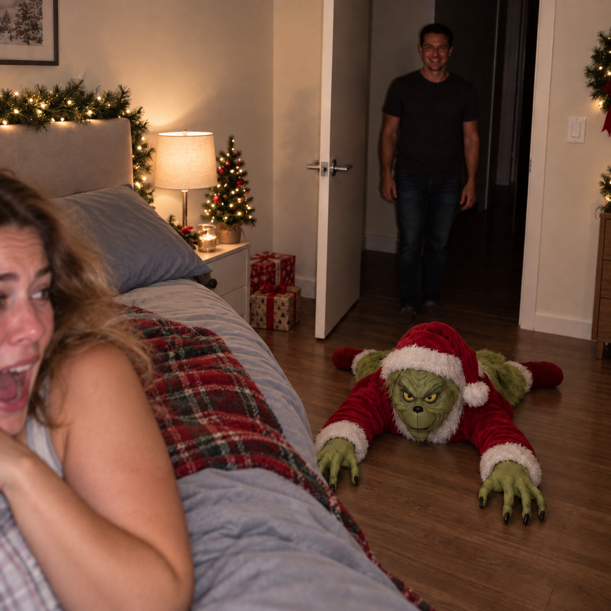 Crawling holiday grump decoration creating a surprise in a Christmas decorated room